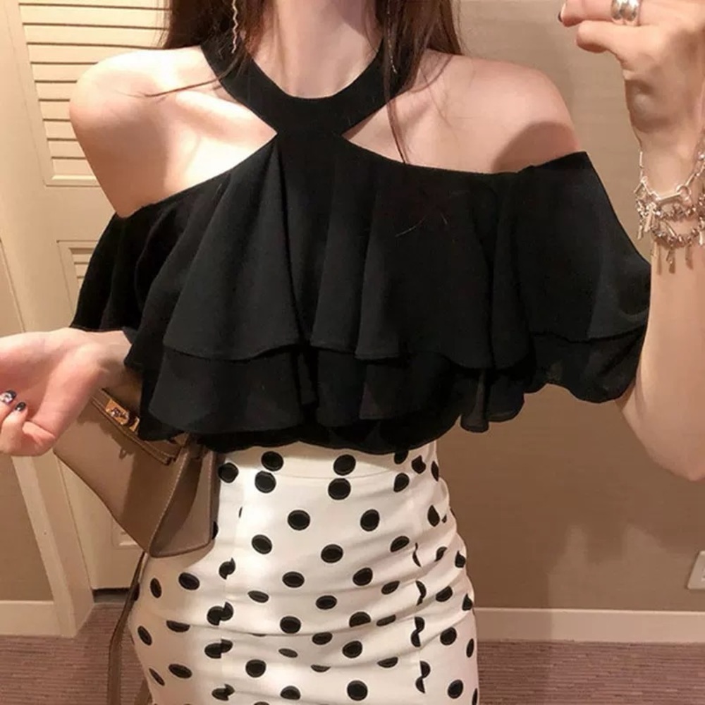 Black Minimalist Chiffon Layered Ruffle Off-Shoulder Halter Formal Top Shirt